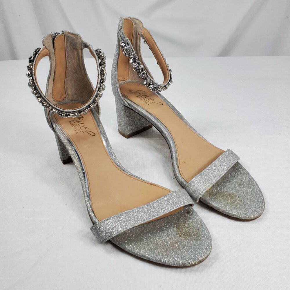 Badgley Mischka Women's Silver Ankle Strap Heels Catalina Open Toe Size 7.5 - Picture 2 of 12